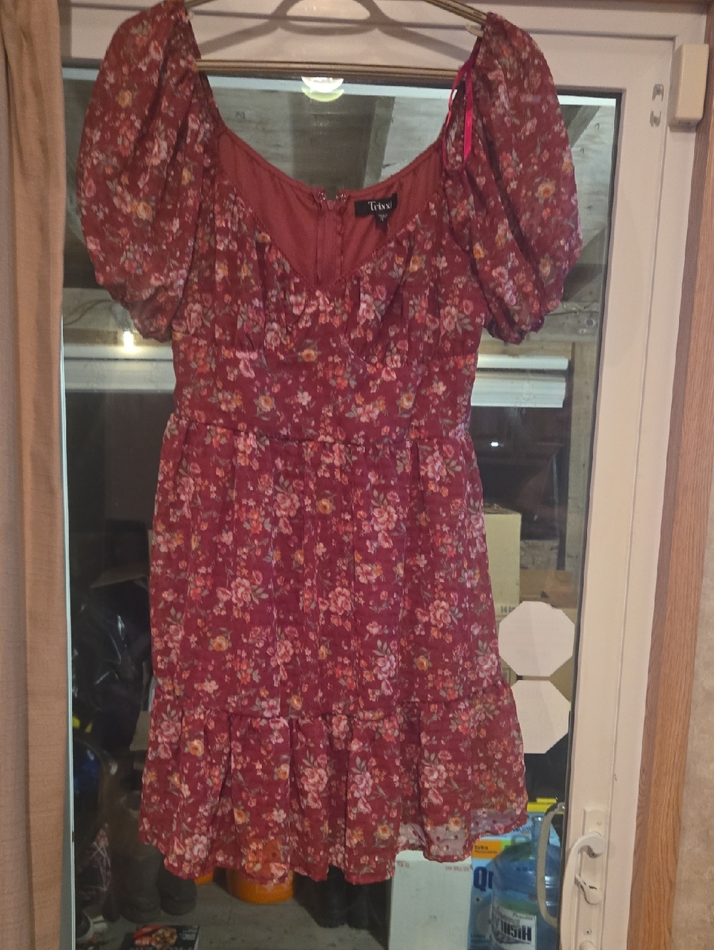 Tiarella Floral Puff-Sleeve Mini Dress - Burgundy Floral Trixxi Size Xl New